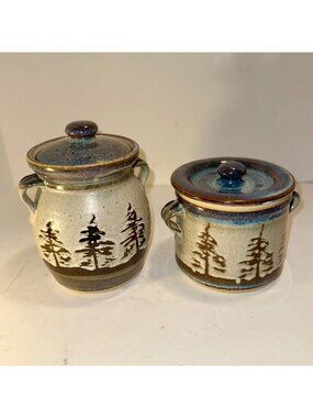 Handcrafted Stoneware Canister Set With Lids - Tree Motif Design - 5" & 4" Tall
